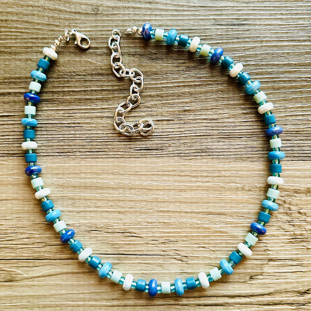 Blue Ombré Porcelain Block Layering Rainbow Beaded 1 Strand Necklace, Colorful Jewelry, Chunky statement jelly bean confetti bubble aqua