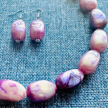 Load image into Gallery viewer, Plums in Cream Shimmer Single Strand Beaded Statement Necklace beaded bridesmaid jewelry set layering glitter resin earrings purple lavender