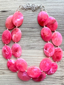 Big Bead pink Necklace, 2 Strand Statement Jewelry, magenta pink Chunky bib bridesmaid, hot pink jewelry, dark pink necklace earring set