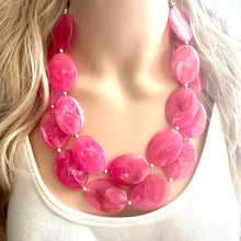 Load image into Gallery viewer, Big Bead pink Necklace, 2 Strand Statement Jewelry, magenta pink Chunky bib bridesmaid, hot pink jewelry, dark pink necklace earring set