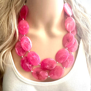 Big Bead pink Necklace, 2 Strand Statement Jewelry, magenta pink Chunky bib bridesmaid, hot pink jewelry, dark pink necklace earring set