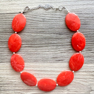 Electric Orange Swirl Single Strand Big Beaded Statement Necklace, orange Jewelry beaded necklace, red bridesmaid necklace jewelry silver