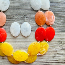 Load image into Gallery viewer, Fall Sunset Statement Necklace, Chunky 2 Strand Jewelry, orange necklace champagne red necklace, red tan cream bib beaded necklace