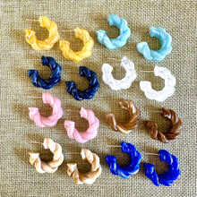 Load image into Gallery viewer, Rainbow Geometric Drop Hoop earrings set, pastel jewelry, twisted acrylic hoops bridesmaid pink blue silver caramel blue yellow statement