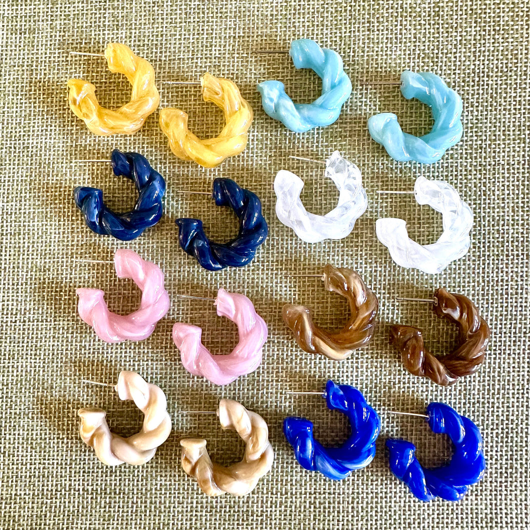 Rainbow Geometric Drop Hoop earrings set, pastel jewelry, twisted acrylic hoops bridesmaid pink blue silver caramel blue yellow statement