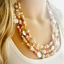 Load image into Gallery viewer, Victorian Coral Pearl Statement Necklace, chunky beaded jewelry, chunky tan champagne necklace, block beaded necklace, lace white cream