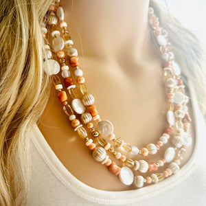 Victorian Coral Pearl Statement Necklace, chunky beaded jewelry, chunky tan champagne necklace, block beaded necklace, lace white cream