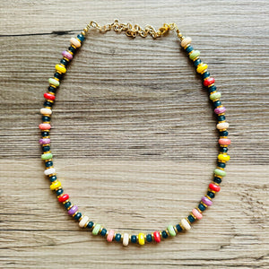 Rainbow Porcelain Block Layering Rainbow Beaded 1 Strand Necklace, Colorful Jewelry, Chunky statement jelly bean confetti silver bubble