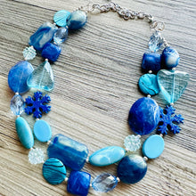 Load image into Gallery viewer, Blue Winter Beaded Necklace, 2 strand Chunky statement necklace, big beaded necklace jewelry, Aqua sparkle silver statement