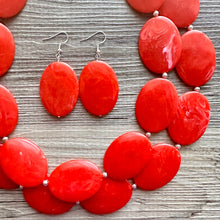 Load image into Gallery viewer, Electric Orange Swirl Double Strand Big Beaded Statement Necklace, orange Jewelry beaded necklace, red bridesmaid necklace jewelry silver