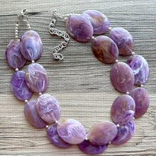 Load image into Gallery viewer, Purple Statement Necklace, Double Strand Chunky Beaded Necklace, purple Jewelry, Spring Jewelry, purple Necklace, swirl brown beaded
