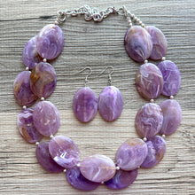 Load image into Gallery viewer, Purple Statement Necklace, Double Strand Chunky Beaded Necklace, purple Jewelry, Spring Jewelry, purple Necklace, swirl brown beaded