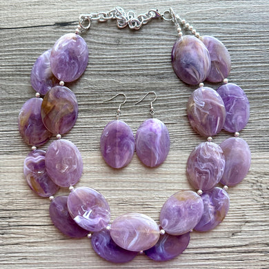 Purple Statement Necklace, Double Strand Chunky Beaded Necklace, purple Jewelry, Spring Jewelry, purple Necklace, swirl brown beaded