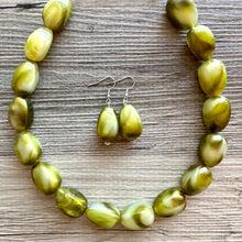 Load image into Gallery viewer, Pistachio Green Shimmer Single Strand Beaded Statement Necklace, beaded bridesmaid jewelry set layering glitter resin earrings cream