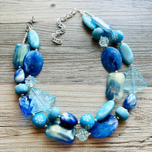 Load image into Gallery viewer, Blue December Beaded Necklace, 2 strand Chunky statement necklace, big beaded necklace jewelry, Aqua sparkle silver statement