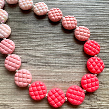 Load image into Gallery viewer, Pink Cardigan Ombre Necklace, single strand jewelry, big beaded chunky statement, blush pink earrings bead set dark hot pink quilted