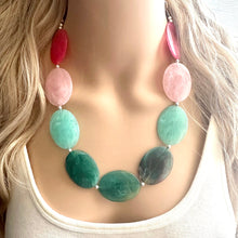 Load image into Gallery viewer, Watermelon Pink &amp; Green Chunky Statement Necklace, Big beaded jewelry, single Strand bib chunky Necklace, pink green earrings