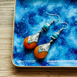 Vintage Dark Orange Drop earrings, silver geometric earrings pierced dangle drop Statement, bridesmaid wedding gift marigold turquoise
