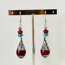 Load image into Gallery viewer, Vintage Dark Red Drop earrings, silver geometric earrings pierced dangle drop Statement, bridesmaid earrings wedding gift turquoise