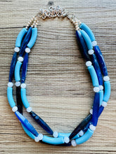 Load image into Gallery viewer, Vacation Blues Beach Necklace, multi strand bright blue jewelry, big beaded chunky necklace, white royal blue dark statement animal print