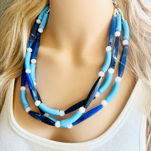 Vacation Blues Beach Necklace, multi strand bright blue jewelry, big beaded chunky necklace, white royal blue dark statement animal print