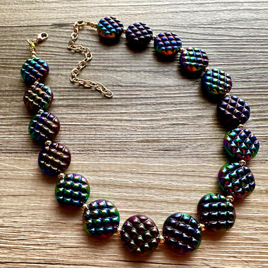 Rainbow Multi Color Chunky Statement Necklace, rainbow single strand, black necklace, bubble jewelry, cardigan rainbow jewelry