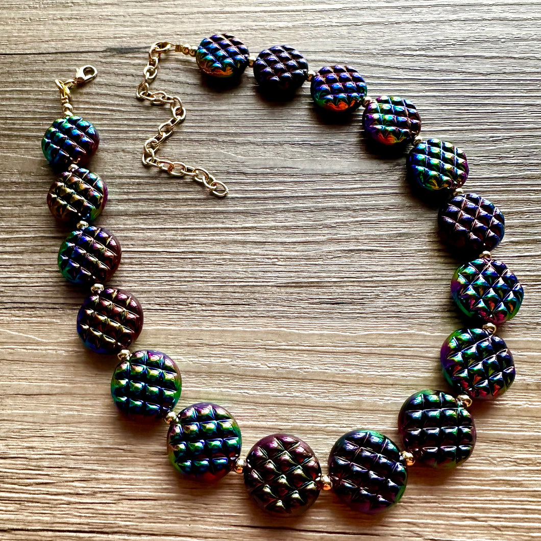 Rainbow Multi Color Chunky Statement Necklace, rainbow single strand, black necklace, bubble jewelry, cardigan rainbow jewelry