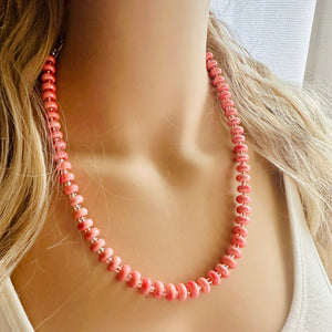 Coral Porcelain Block Layering Rainbow Beaded 1 Strand Necklace, Colorful Jewelry, Chunky statement necklace, jelly bean peach silver