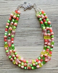 Watermelon statement necklace, pink and green, Beaded statement necklace, long coral necklace, green necklace, statement jewelry