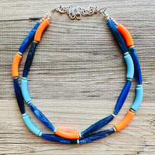 Load image into Gallery viewer, Orange &amp; Blue Color Block Chunky Statement Necklace, Big beaded jewelry, 2 Strand Statement Necklace, Bib dark blue orange beaded