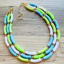 Load image into Gallery viewer, Vacation Seascape Statement Necklace, chunky bib beaded jewelry, green white blue necklace, dark blue beaded green jewelry gold