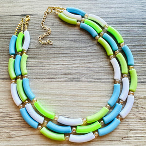 Vacation Seascape Statement Necklace, chunky bib beaded jewelry, green white blue necklace, dark blue beaded green jewelry gold