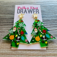 Load image into Gallery viewer, Christmas Drop Earrings, Green Christmas Tree, Small Holiday Earrings, Holiday Gifts for Her or Christmas Party, dangle ornament Santa