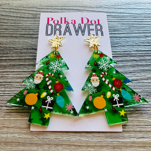 Christmas Drop Earrings, Green Christmas Tree, Small Holiday Earrings, Holiday Gifts for Her or Christmas Party, dangle ornament Santa