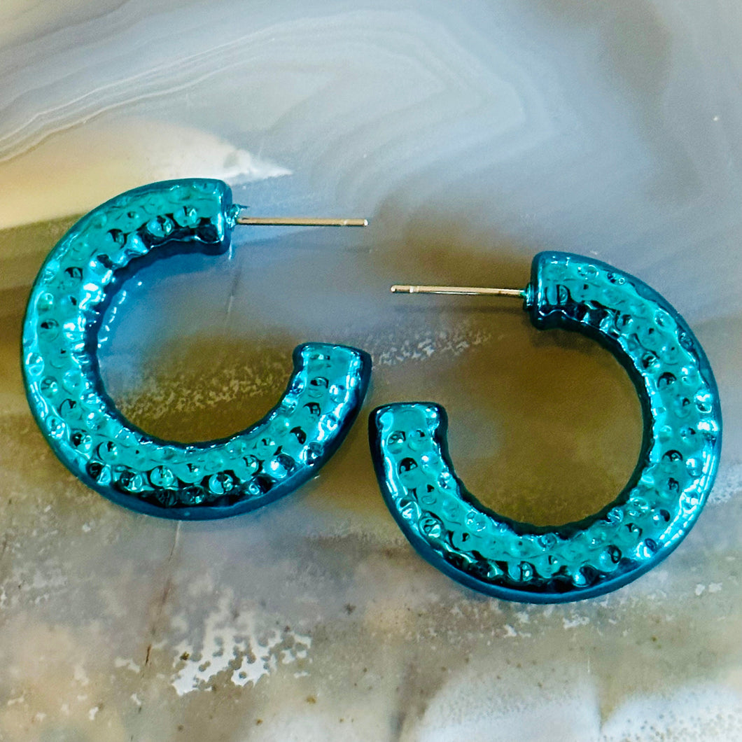 Turquoise Rainbow Geometric Drop Hoop earrings set, metallic blue jewelry, hammered aluminum hoops bridesmaid light blue aqua