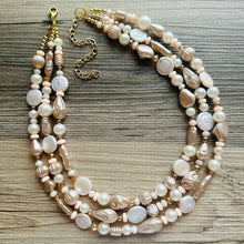 Load image into Gallery viewer, Victorian Vintage Pearl Statement Necklace, chunky beaded jewelry, chunky tan champagne necklace, block beaded necklace, lace white cream