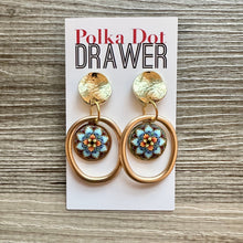 Load image into Gallery viewer, Mosaic Drop earrings, gold earrings, rainbow colorful geometric earrings pierced dangle drop Statement, Mosaic pink fashion gems