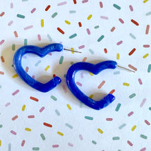 Load image into Gallery viewer, Royal Blue Aqua Rainbow Geometric Open Heart Hoop earrings set, pastel jewelry, acrylic hoops bridesmaid statement resin acrylic