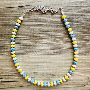 Yellow & Blue Porcelain Block Layering Rainbow Beaded 1 Strand Necklace, Colorful Jewelry, Chunky statement necklace, confetti bubble