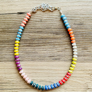 Rainbow Porcelain Block Layering red blue Beaded 1 Strand Necklace, Colorful Jewelry, Chunky statement necklace, jelly bean confetti bubble