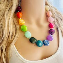 Load image into Gallery viewer, Rainbow Statement Necklace, candy chunky multi-strand jewelry, yellow red green sky blue necklace, single strand silver necklace thick