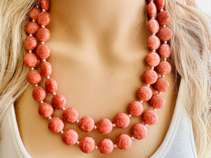 Coral Crackle Statement Necklace, big Beaded Chunky Jewelry, Double Strand wedding everyday dress necklace, pink jewelry silver black peach