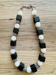 Black & White Chunky Statement Necklace single Strand Beaded jewelry, bridesmaid bib wedding, white bubble necklace resin