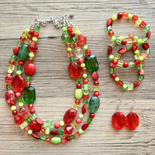 Load image into Gallery viewer, Christmas Chunky Statement Necklace &amp; Stretch Bracelet set, Triple Strand Beaded jewelry, green red holiday bridesmaid lime earrings silver