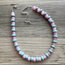 Load image into Gallery viewer, Pink &amp; Green Shimmer Single Strand Beaded Statement Necklace, turquoise beaded necklace, purple bridesmaid jewelry layering glitter resin