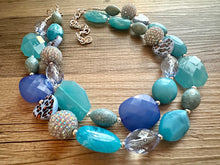 Load image into Gallery viewer, Vacation Blues Beach Necklace, multi strand bright blue jewelry, big beaded chunky necklace, silver royal blue dark statement animal print