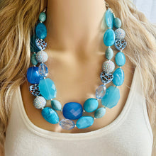 Load image into Gallery viewer, Vacation Blues Beach Necklace, multi strand bright blue jewelry, big beaded chunky necklace, silver royal blue dark statement animal print