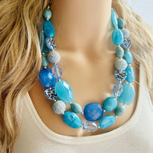 Load image into Gallery viewer, Vacation Blues Beach Necklace, multi strand bright blue jewelry, big beaded chunky necklace, silver royal blue dark statement animal print