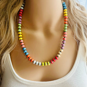 Rainbow Porcelain Block Layering Rainbow Beaded 1 Strand Necklace, Colorful Jewelry, Chunky statement jelly bean confetti silver bubble