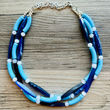 Load image into Gallery viewer, Vacation Blues Beach Necklace, multi strand bright blue jewelry, big beaded chunky necklace, white royal blue dark statement animal print